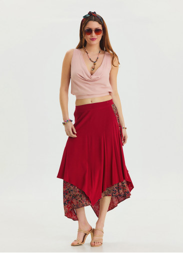 Red Asymmetrical Skirt with Elastic Waist and Tie Detail 4518